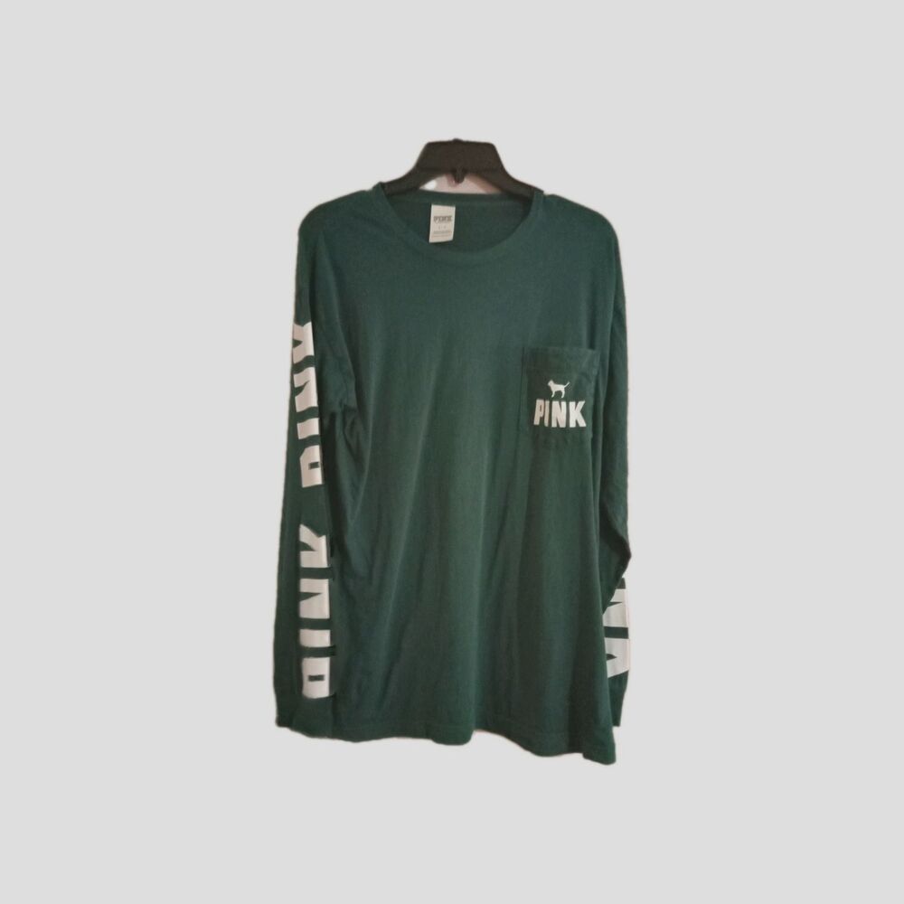 Victoria's Secret Pink Shirt Tee Size Small Green White Long Sleeve Pocket Top